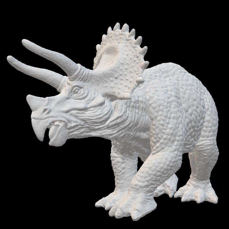 May include: A white, detailed, 3D printed model of a Triceratops dinosaur. The model is posed in a walking position with its head turned to the side.
