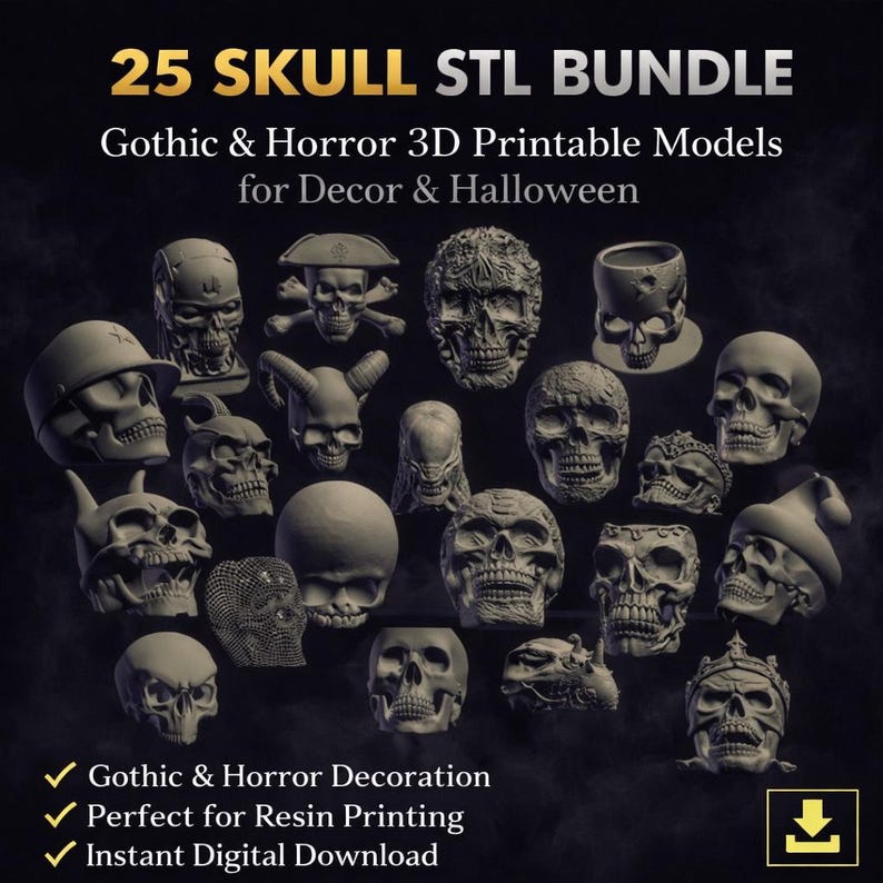 25 Skull STL Bundle – Gothic & Horror 3D Printable Models for Decor, Halloween Resin Printing image 2