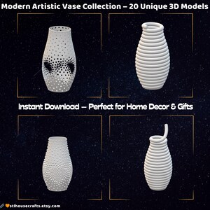 Pode incluir: Cole&ccedil;&atilde;o de quatro vasos brancos em modelo 3D com designs &uacute;nicos. Os vasos apresentam padr&otilde;es como pontos e espirais. A imagem inclui o texto "Modern Artistic Vase Collection - 20 Unique 3D Models" e "Instant Download - Perfect for Home Decor & Gifts."