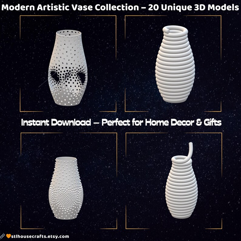 Pode incluir: Cole&ccedil;&atilde;o de quatro vasos brancos em modelo 3D com designs &uacute;nicos. Os vasos apresentam padr&otilde;es como pontos e espirais. A imagem inclui o texto "Modern Artistic Vase Collection - 20 Unique 3D Models" e "Instant Download - Perfect for Home Decor & Gifts."