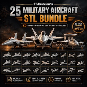 Puede incluir: Un paquete digital de 25 archivos STL de aviones militares para impresión 3D. El gráfico presenta tres modelos de aviones de combate en el centro, con una cuadrícula debajo que muestra 25 diseños distintos de aviones y helicópteros en tonos plateados.