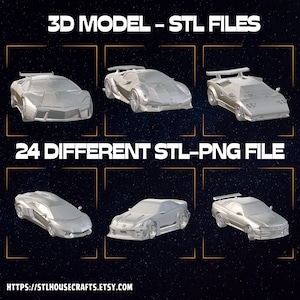 May include: A digital download of 24 different 3D model STL files of various sports cars. The image shows six different car models in white, including a Lamborghini, a Countach, and a Nissan Skyline.