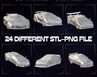May include: A digital download of 24 different 3D model STL files of various sports cars. The image shows six different car models in white, including a Lamborghini, a Countach, and a Nissan Skyline.