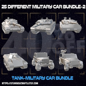 May include: A digital download of 25 3D printable models of military vehicles, including tanks, jeeps, and trucks. The models are in a gray color and are shown in a grid layout. The text "25 DIFFERENT MILITARY CAR BUNDLE-2" is at the top of the image. The text "TANK-MILITARY CAR BUNDLE" is at the bottom of the image. The text "HTTPS://STLHOUSECRAFTS.ETSY.COM" is at the bottom of the image.