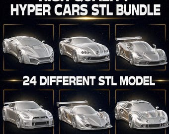 Op de afbeelding: Een digitale collectie van 24 zilverkleurige hypercar STL-modellen weergegeven in een raster. De tekst luidt HIGH QUALITY HYPER CARS STL BUNDLE en 24 DIFFERENT STL MODEL met de URL HTTPS://STLHOUSECRAFTS.ETSY.COM onderaan de afbeelding.