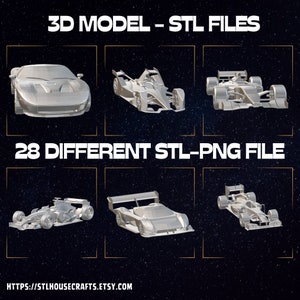 May include: 3D model STL files of 28 different race cars. The image shows six different car models in various angles. The text "3D MODEL - STL FILES" and "28 DIFFERENT STL-PNG FILE" are displayed on the image. The website address "HTTPS://STLHOUSECRAFTS.ETSY.COM" is displayed at the bottom of the image.