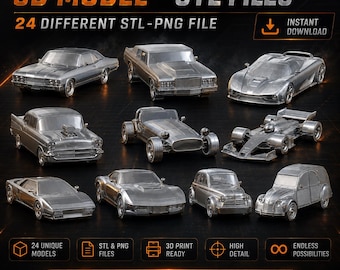 Puede incluir: Una colección de 24 modelos 3D de coches en tono plateado presentados como archivos STL y PNG. La imagen muestra varios estilos de vehículos, incluyendo coupés clásicos, deportivos y coches de carreras, con el texto 3D MODEL - STL FILES.