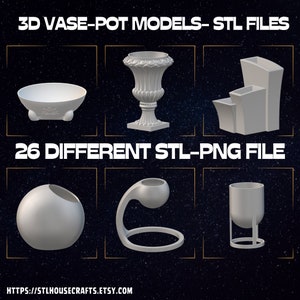Puede incluir: Una colección de 26 modelos de jarrones y macetas imprimibles en 3D en formato STL. Los modelos se muestran en una variedad de estilos, incluyendo clásico, moderno y caprichoso. La imagen también incluye el texto "3D VASE-POT MODELS-STL FILES" y "26 DIFFERENT STL-PNG FILE".