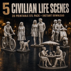 Könnte beinhalten: Eine digitale Sammlung mit dem Titel 5 CIVILIAN LIFE SCENES 3D PRINTABLE STL PACK INSTANT DOWNLOAD mit fünf monochromen grauen Miniaturfiguren: ein Radfahrer, eine Person mit Hund, ein spazierendes Paar, zwei Personen auf einem Roller und ein Paar an einem Tisch.