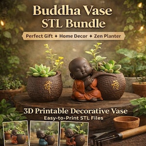Puede incluir: Un conjunto de jarrones Buda decorativos STL. La imagen muestra dos macetas de cerámica marrón con plantas, una pequeña estatua de Buda con una túnica naranja y el texto "Buddha Vase STL Bundle". El texto también incluye "Perfect Gift + Home Decor + Zen Planter".
