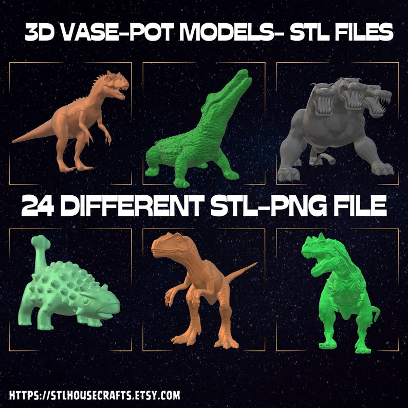 May include: A collection of 24 3D printable vase and pot models in STL format. The models feature various dinosaur and animal designs, including a green crocodile, a gray three-headed dog, and a green dinosaur. The image also includes the text "3D VASE-POT MODELS-STL FILES" and "24 DIFFERENT STL-PNG FILE".