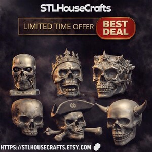 Paquete de 25 calaveras STL: modelos góticos y de terror imprimibles en 3D para decoración e impresión en resina para Halloween.