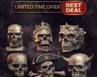 Paquete de 25 calaveras STL: modelos góticos y de terror imprimibles en 3D para decoración e impresión en resina para Halloween.