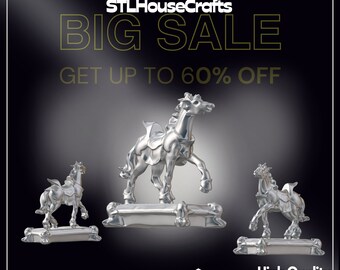 May include: A silver 3D model of a horse with a saddle. The model is on a platform and is part of a sale. The text "STLHouseCrafts BIG SALE GET UP TO 60% OFF" is at the top of the image. The text "HTTPS://STLHOUSECRAFTS.ETSY.COM" is at the bottom of the image. The text "High Quality Scan Data" is in the bottom right corner of the image.