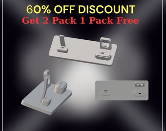 May include: Three different 3D printed phone and watch charging stands. The stands are gray and feature slots for a phone, watch, and earbuds. The text "60% OFF DISCOUNT Get 2 Pack 1 Pack Free" is displayed above the stands.
