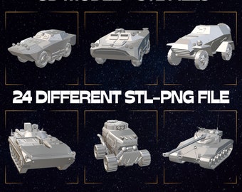 May include: A digital image showing 3D models of six different military vehicles. The image is divided into six squares, with each square containing a different vehicle. The vehicles are all gray and appear to be made of metal. The image is set against a black background with a starry pattern. The text "3D MODEL - STL FILES" is at the top of the image. The text "24 DIFFERENT STL-PNG FILE" is in the middle of the image. The text "HTTPS://STLHOUSECRAFTS.ETSY.COM" is at the bottom of the image.
