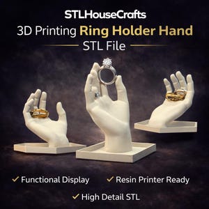 Op de afbeelding: Drie gebroken witte, handvormige ringhouders, elk gemonteerd op een vierkante voet. De handen zijn gepositioneerd om sieraden te tonen, met gouden en zilveren ringen om de vingers. Tekst: STLHouseCrafts 3D Printing Ring Holder Hand.