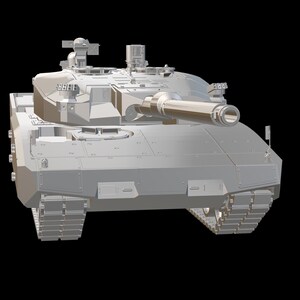 May include: A gray, futuristic-looking tank with a large cannon and tracks. The tank has a sleek, modern design with sharp angles and a low profile.