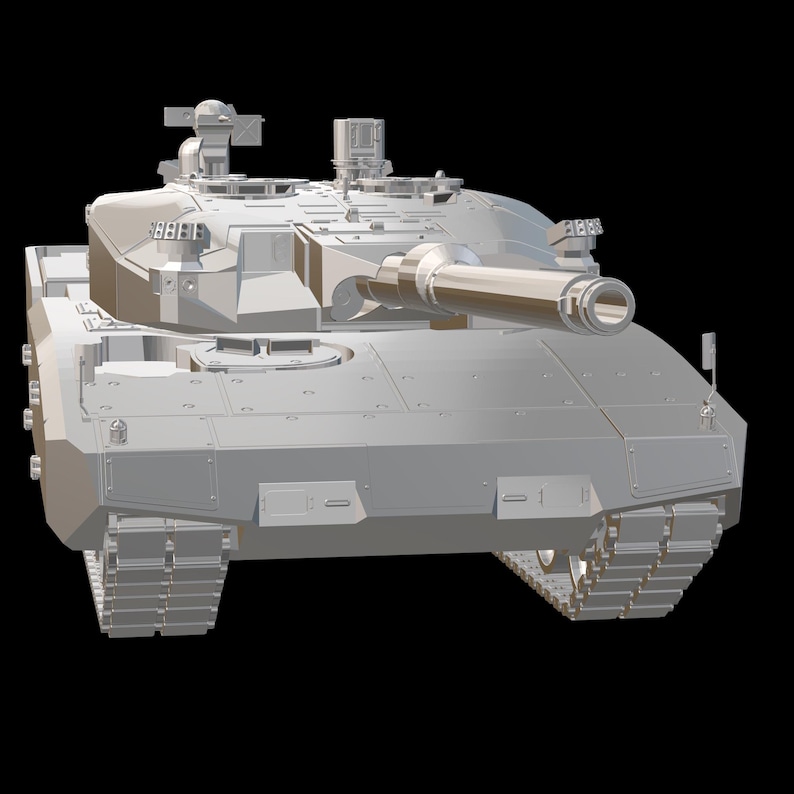 May include: A gray, futuristic-looking tank with a large cannon and tracks. The tank has a sleek, modern design with sharp angles and a low profile.
