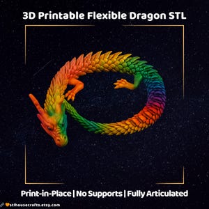 Flexible Dragon STL File – Articulated Print-in-Place Dragon 3D Model, No Supports Needed, Colorful Fantasy Creature Figure