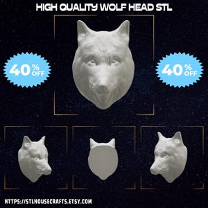 Può includere: Un modello di testa di lupo stampato in 3D in bianco, mostrato da diverse angolazioni. Il modello è disponibile per il download come file STL. L'immagine include anche un banner di vendita con il 40% di sconto.