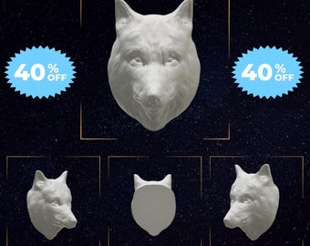 May include: A 3D printed wolf head model in white, shown from different angles. The model is available for download as an STL file. The image also includes a 40% off sale banner.