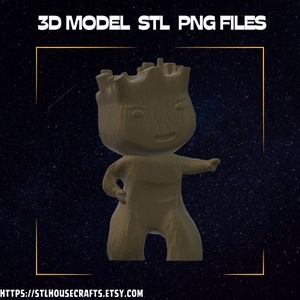 May include: A 3D model STL and PNG files of a brown, cartoon-style Groot character from the Guardians of the Galaxy movie franchise. The character is standing with one arm raised and pointing. The background is a dark blue with white stars.