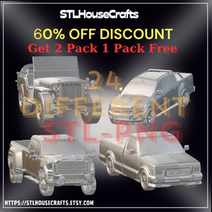 May include: A digital download of 24 different 3D printable truck models. The image shows four of the models: a Jeep, a Ford Ranger, a GMC Sierra, and a Chevrolet S-10. The text on the image reads "60% OFF DISCOUNT Get 2 Pack 1 Pack Free STL-PNG".