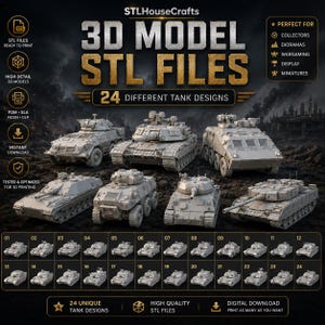 May include: A digital collection of 24 unique tank designs for 3D printing, featuring STL files. The image displays various grey-toned armoured vehicle models, including tracked and wheeled tanks, with a numbered grid showing all 24 distinct models.