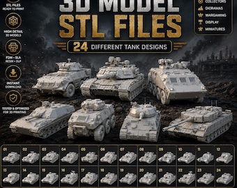 May include: A digital collection of 24 unique tank designs for 3D printing, featuring STL files. The image displays various gray-toned armored vehicle models, including tracked and wheeled tanks, with a numbered grid showing all 24 distinct models.
