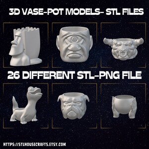 Op de afbeelding: Een verzameling van 26 3D-printbare vaas- en potmodellen in STL-formaat. De modellen hebben verschillende ontwerpen, waaronder een Moai-hoofd, een eenogig gezicht, een stierenkop, een hagedis, een bulldog en een paar handen. De afbeelding bevat ook de tekst "3D VASE-POT MODELS-STL FILES" en "26 DIFFERENT STL-PNG FILE".