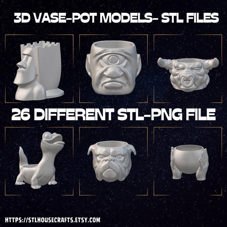 Op de afbeelding: Een verzameling van 26 3D-printbare vaas- en potmodellen in STL-formaat. De modellen hebben verschillende ontwerpen, waaronder een Moai-hoofd, een eenogig gezicht, een stierenkop, een hagedis, een bulldog en een paar handen. De afbeelding bevat ook de tekst "3D VASE-POT MODELS-STL FILES" en "26 DIFFERENT STL-PNG FILE".