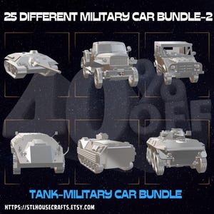 May include: A digital illustration of 25 different military vehicles, including tanks, trucks, and jeeps. The vehicles are all gray and are arranged in a grid pattern. The text "25 DIFFERENT MILITARY CAR BUNDLE-2" is at the top of the image. The text "TANK-MILITARY CAR BUNDLE" is at the bottom of the image. The text "HTTPS://STLHOUSECRAFTS.ETSY.COM" is at the bottom of the image.