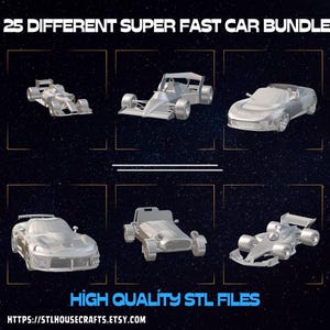 以下が含まれることがあります： 3Dプリント可能な25種類のスーパーファストカーモデルのコレクション。モデルは白の3Dレンダリングスタイルで表示されています。画像の上部に「25 DIFFERENT SUPER FAST CAR BUNDLE」というテキストがあります。画像の下部に「HIGH QUALITY STL FILES」というテキストがあります。画像の下部に「HTTPS://STLHOUSECRAFTS.ETSY.COM」というテキストがあります。