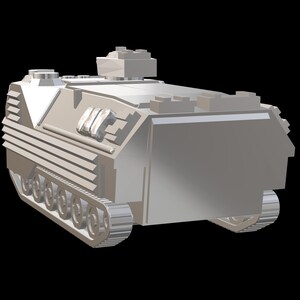 May include: A white, plastic model of an armored personnel carrier with a track system and a raised gun turret.