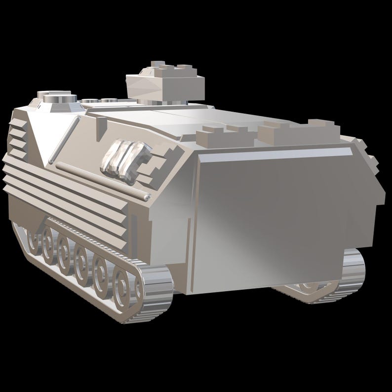 May include: A white, plastic model of an armored personnel carrier with a track system and a raised gun turret.