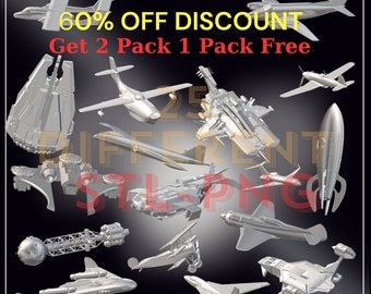 May include: A collection of 25 different 3D printable spaceship models. The models are all silver and have a variety of shapes and sizes. The image includes the text "STLHouseCrafts 60% OFF DISCOUNT Get 2 Pack 1 Pack Free".