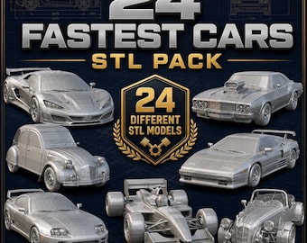 Op de afbeelding: Een digitale collectie getiteld 24 FASTEST CARS STL PACK met 24 verschillende STL-modellen. De afbeelding toont zeven zilverkleurige 3D-automodellen, waaronder sportwagens, een klassiek voertuig en een raceauto tegen een donkerblauwe achtergrond.