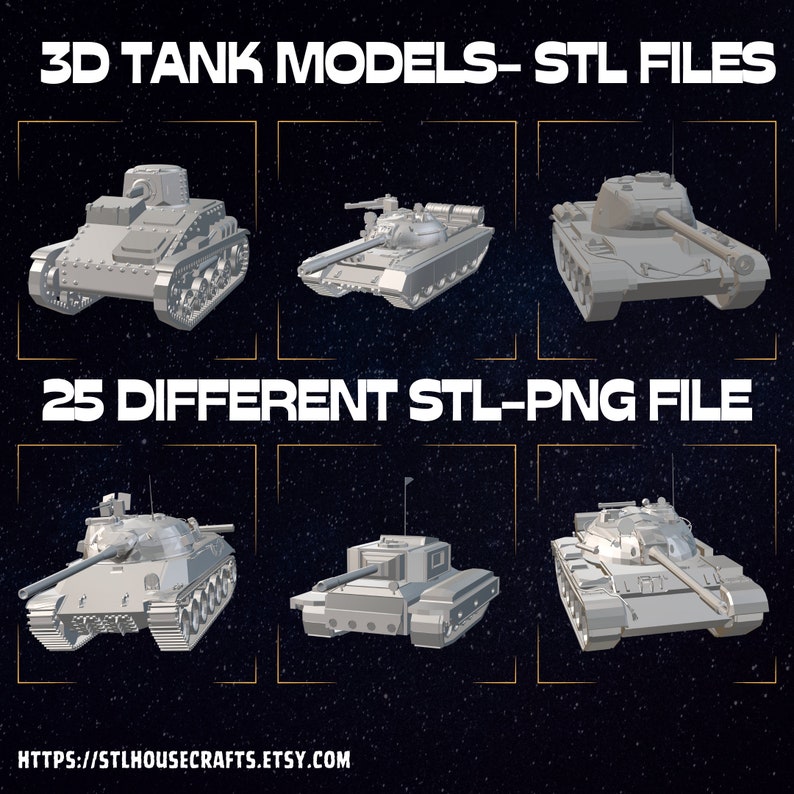 25 Different Tanks, STL File, Pack of 25, 3D Model, 3D Printer, STL Files,Printable File, Model, 3d Print Stl,Estlcam,Stl.Military Vehicle image 2
