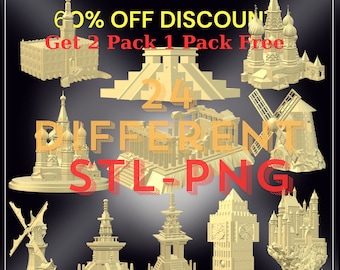 May include: A digital download of 24 different 3D models of famous landmarks, including the Eiffel Tower, the Taj Mahal, and the Great Wall of China. The models are available in STL and PNG formats. Get 2 packs for the price of 1 with a 60% discount.