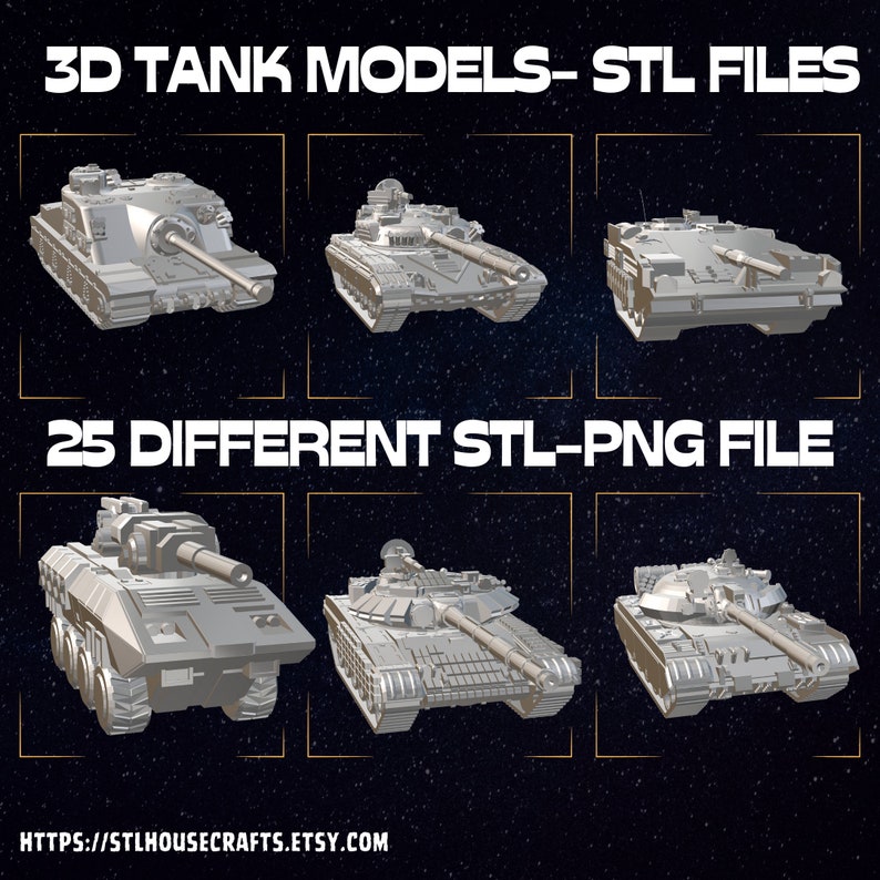 25 Different Tanks, STL File, Pack of 25, 3D Model, 3D Printer, STL Files,Printable File, Model, 3d Print Stl,Estlcam,Stl.Military Vehicle image 3