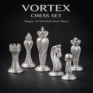 May include: A silver chess set with elegant, 3D-printed pieces. The set includes a rook, bishop, king, knight, and queen. The text "VORTEX CHESS SET" and "Elegant 3D Printable Chess Pieces" is displayed at the top.