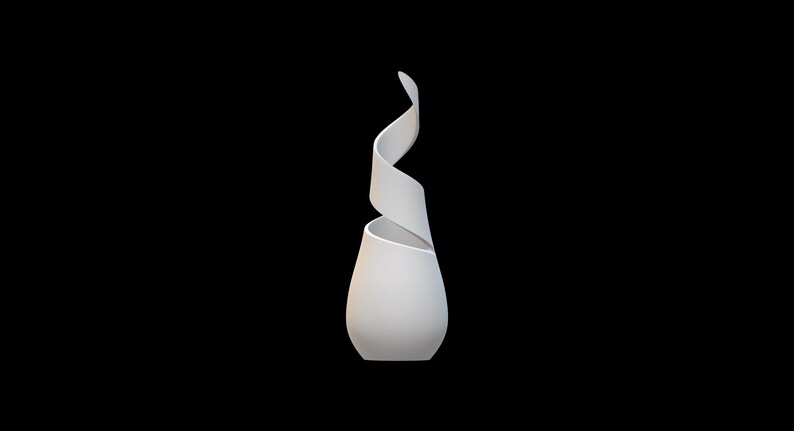 Pode incluir: Um vaso de cer&acirc;mica branco com um design &uacute;nico. O vaso tem uma base arredondada e um detalhe em espiral que se estende para cima. O vaso est&aacute; sobre um fundo preto, destacando sua forma e textura. Adequado para decora&ccedil;&atilde;o de casa.
