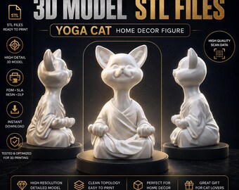 May include: A 3D model STL file for a yoga cat home decor figure. The white cat figure is shown in a seated meditation pose with hands resting on knees. The text reads STLHouseCrafts, 3D MODEL STL FILES, YOGA CAT HOME DECOR FIGURE, and more.
