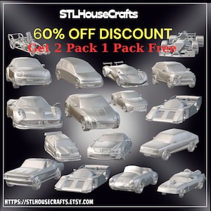 May include: A collection of 3D printed car models in a silver finish. The image includes a variety of car styles, including sports cars, sedans, and trucks. The text "60% OFF DISCOUNT Get 2 Pack 1 Pack Free" is displayed at the top of the image.