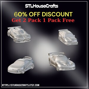 May include: Four silver 3D printed model cars, including an Alfa Romeo, an Audi, a Dodge Viper, and a Saab. The image includes the text "STLHouseCrafts 60% OFF DISCOUNT Get 2 Pack 1 Pack Free HTTPS://STLHOUSECRAFTS.ETSY.COM".