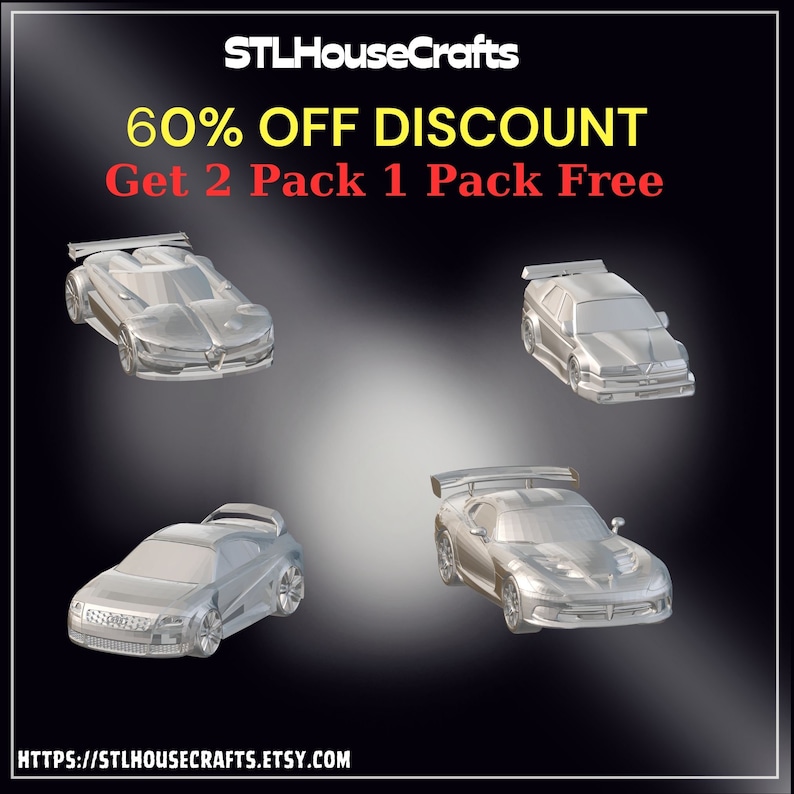May include: Four silver 3D printed model cars, including an Alfa Romeo, an Audi, a Dodge Viper, and a Saab. The image includes the text "STLHouseCrafts 60% OFF DISCOUNT Get 2 Pack 1 Pack Free HTTPS://STLHOUSECRAFTS.ETSY.COM".