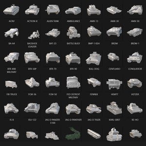May include: A grid of small, grey, three-dimensional military vehicle models arranged on a black background. Each model is labelled with its specific name, such as A32, Acacia 253, and others, displayed in white text beneath each individual vehicle icon.