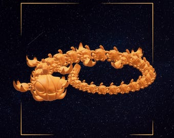 May include: A 3D-printed, flexible dragon in a warm orange color. The dragon is fully articulated and designed to be printed in place. The image includes the text "3D Printable Flexible Dragon STL" and "Print-in-Place | Multi-Color | Fully Articulated."