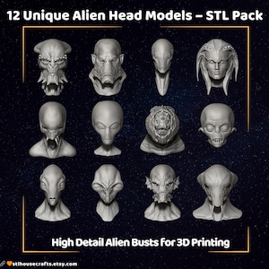 12 Alien Head STL Pack – High Detail Sci-Fi Busts for 3D Printing, Unique Extraterrestrial Character Models, Printable Alien Statues